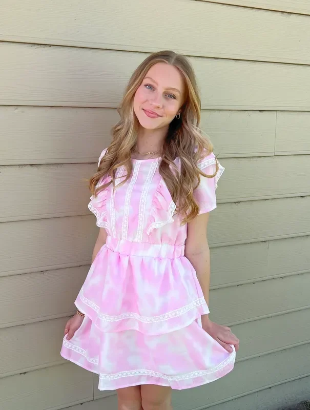 Lace Trim Ruffle Dress | Pink