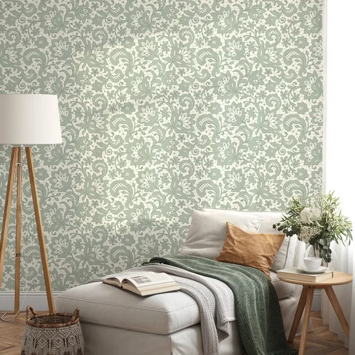 Lace Wallpaper With An Intricate Floral Motif In Mint Green And Cream – D213