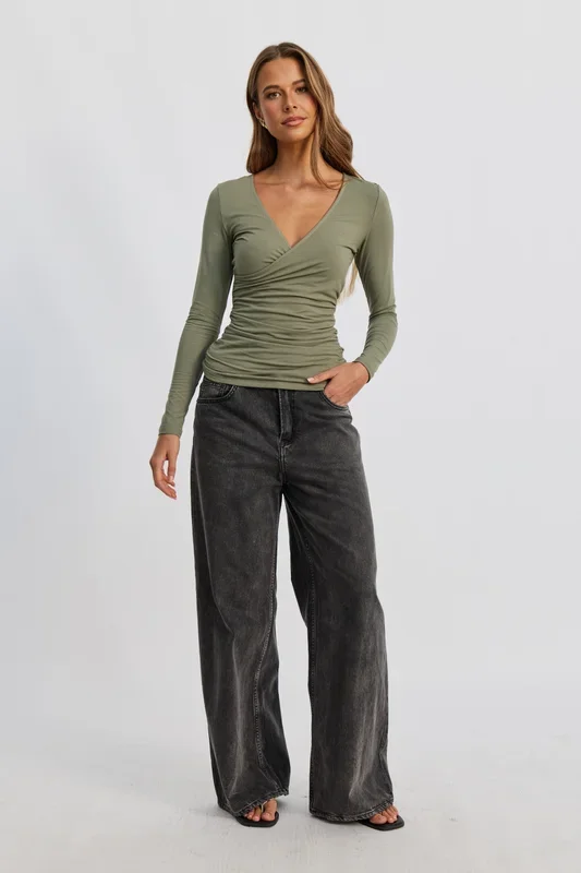 Lainey Crossover Long Sleeve Top – Khaki