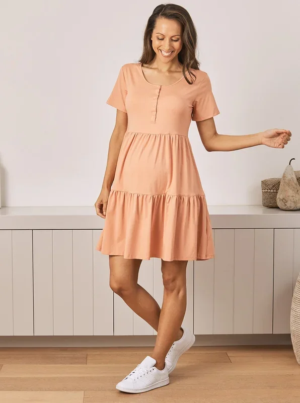 Lana Maternity Tiered Dress in Apricot