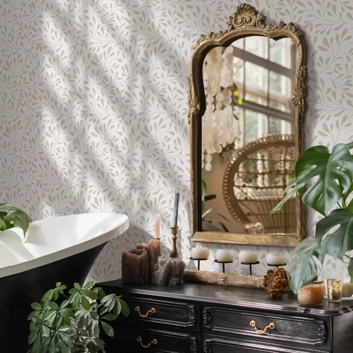 Leaf Wallpaper With A Delicate Vine Motif In Beige – C911