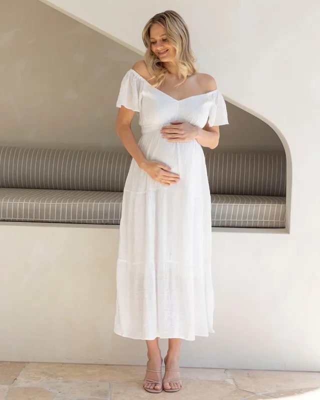 Lila Baby Shower Maternity Sundress in White