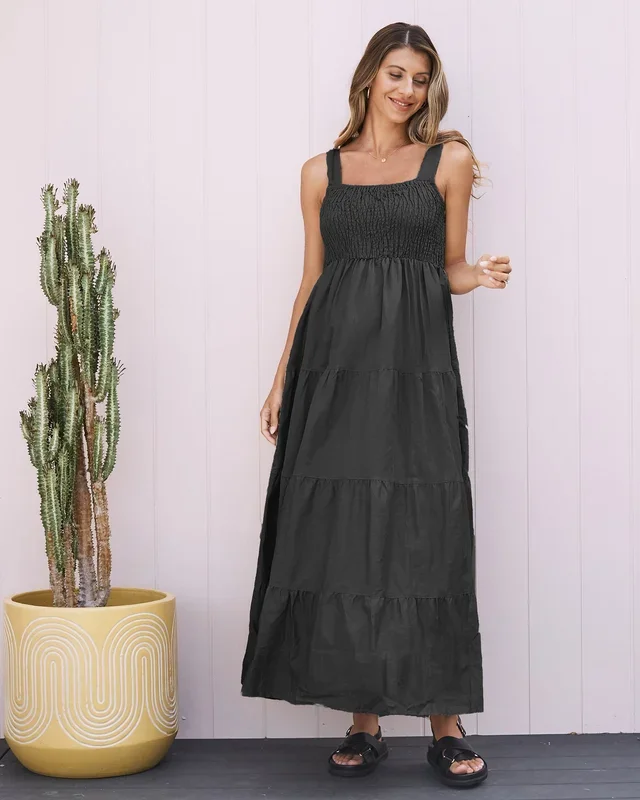 Lilliana Black Linen Maternity Maxi Dress – Shoulder Tie