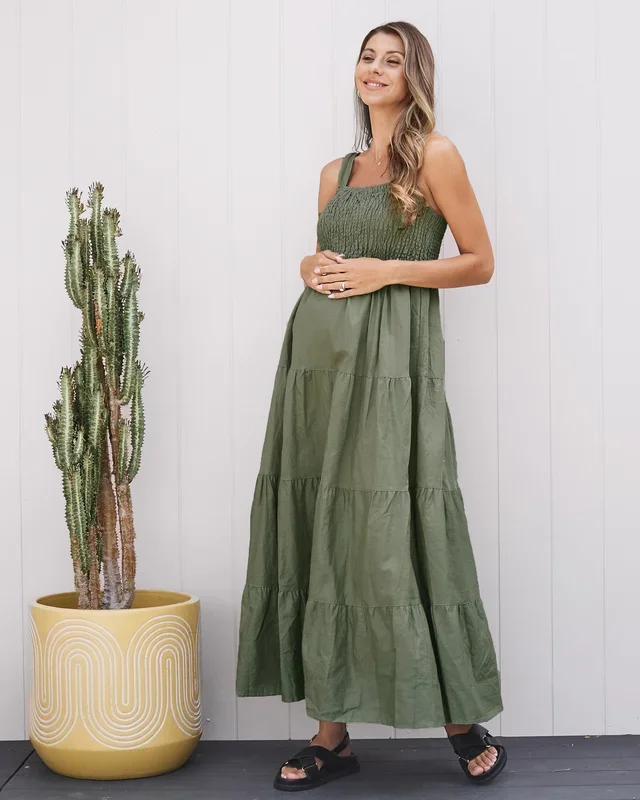 Lilliana Flowy Maternity Maxi Linen Dress in Olive