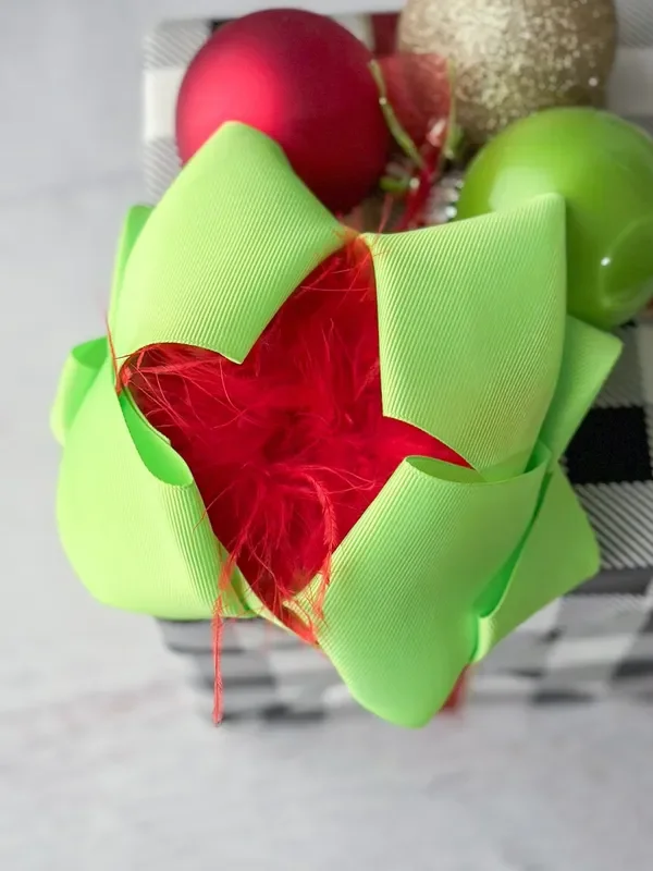 Lime & Red Feather Puff Hair Bow – Alligator Clip – 6 “