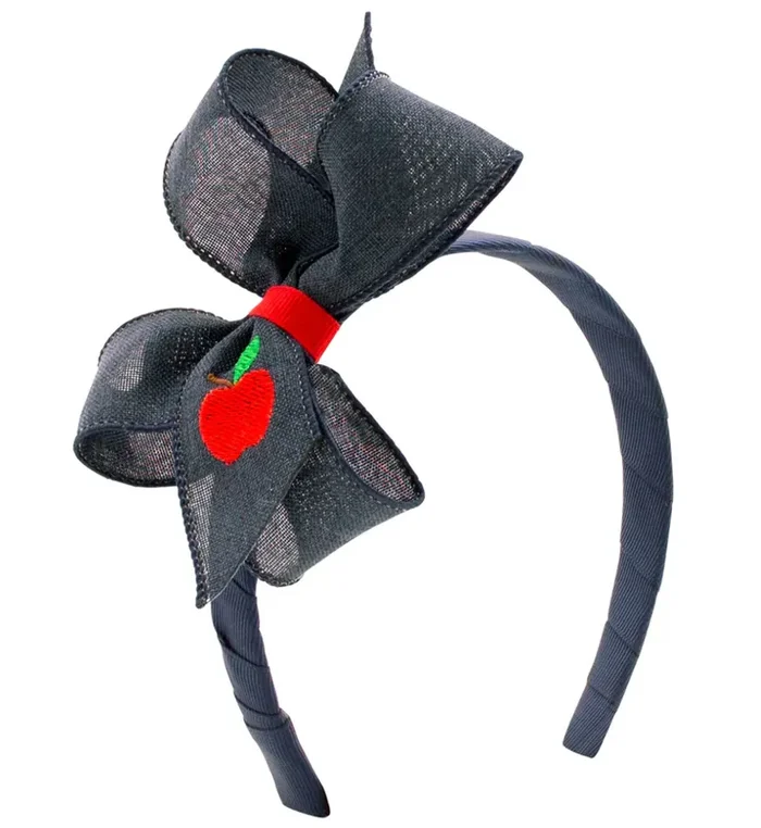 Linen Headband Bow With Apple Embroidery