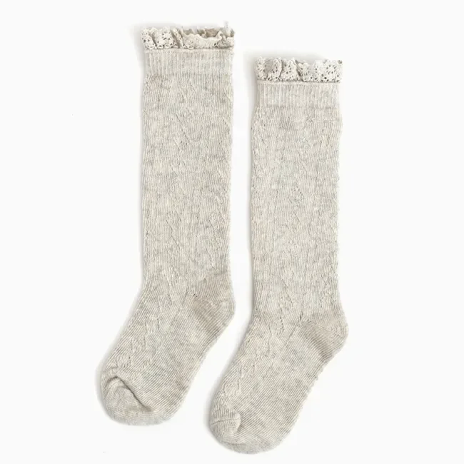 Little Stocking Co. Heathered Ivory Fancy Lace Top Knee High Socks