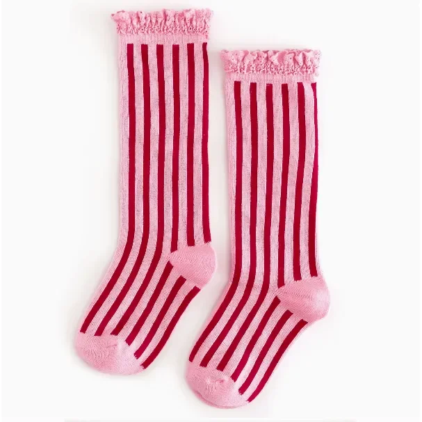 Little Stocking Co.- Lace Top Knee High Socks- Candy Stripe