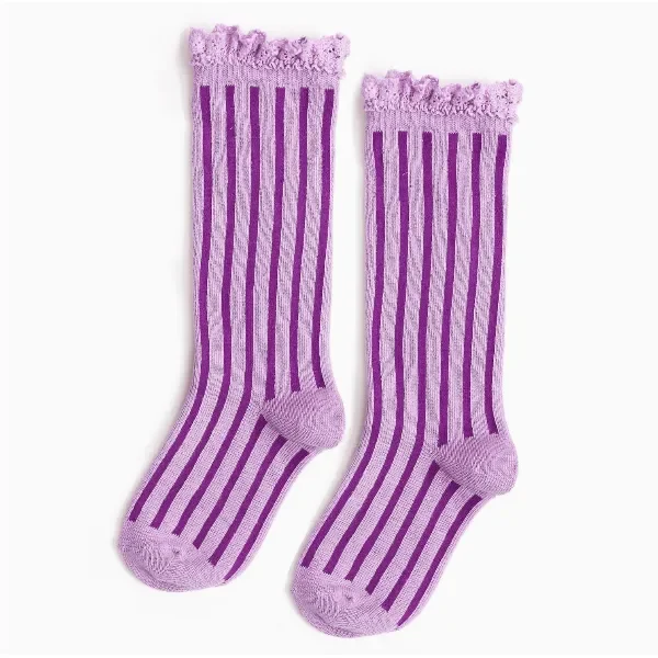 Little Stocking Co.- Lace Top Knee High Socks- Purple Stripe