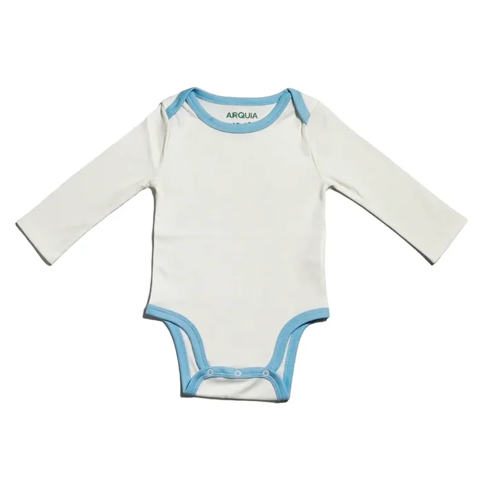 Long Sleeve Bodysuit In White With Chambray Blue