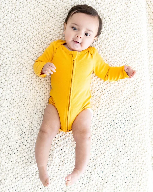 Long Sleeve Zipper Bodysuit In Sunburst, 9-12m