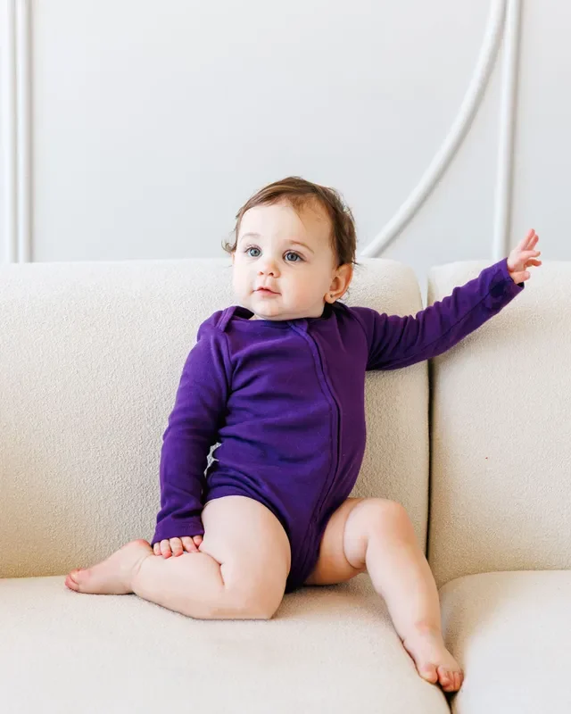 Long Sleeve Zipper Bodysuit In Violet, 9-12m