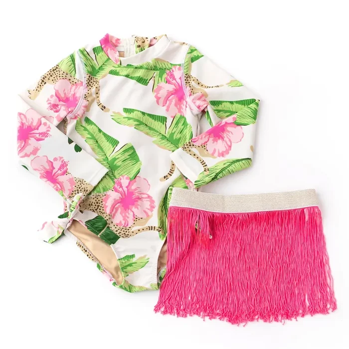 long slv 1pc & fringe skirt – botanical leopard