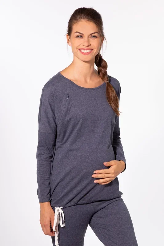 Lounge and pajama maternity shirt with nursing opening, blue melange