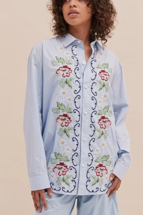 Lounge Shirt – Dorothea Cross Stitch – Light Blue