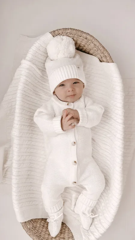 Luna + Luca Organic Cotton Classic Purl Knit Baby Jumpsuit – White