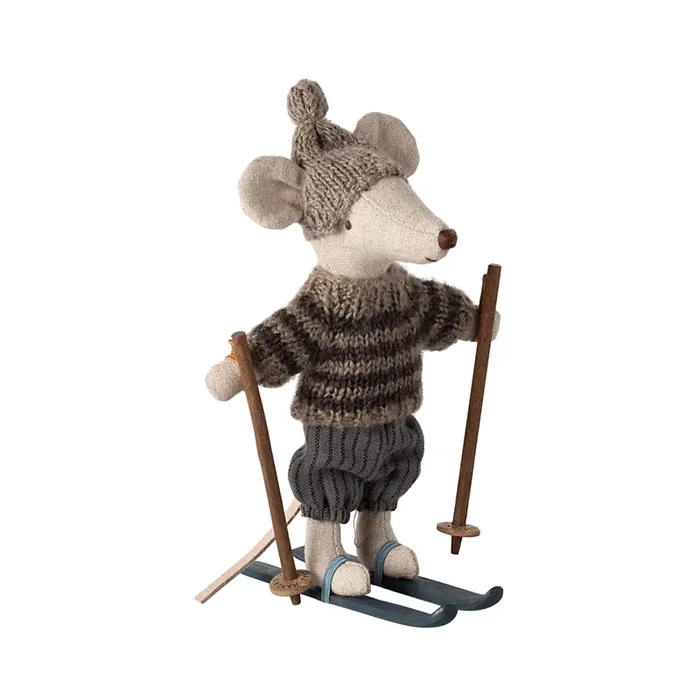 Maileg Winter Mouse with Ski Set Big Brother, Grey