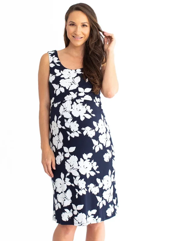 Maternity & Nursing Sleeveless Dress – Navy Print