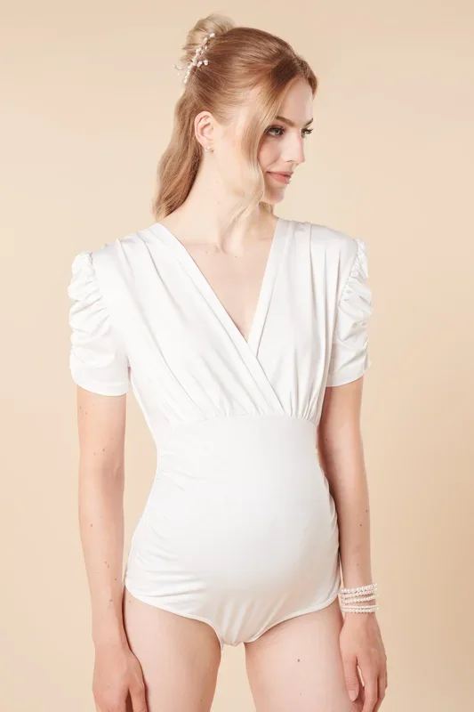 Maternity and nursing bodysuit with gathered puff sleeves
