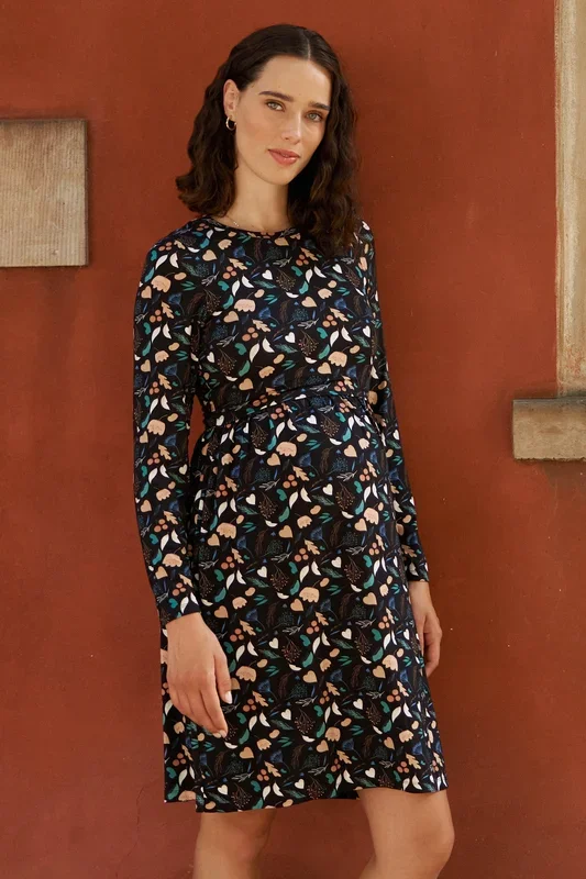 Maternity and nursing dress with foliage print