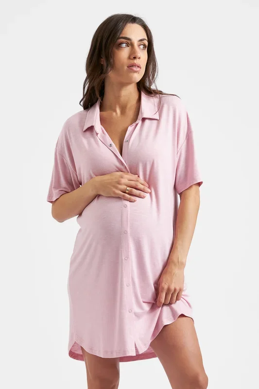 Maternity and nursing nightgown with button placket, pink