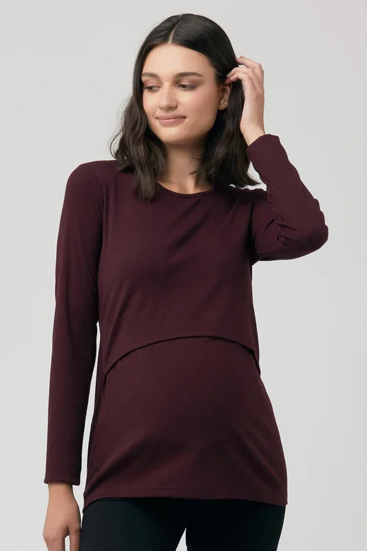 Maternity and nursing shirt with ribbed texture, burgundy