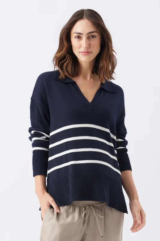 Maternity and nursing sweater with polo collar, navy striped