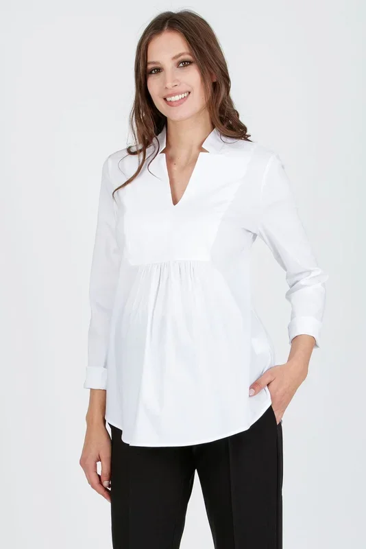 Maternity blouse in cotton stretch with a notched lapel collar