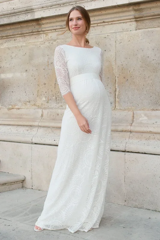 Maternity bridal gown with back cutout and boho lace