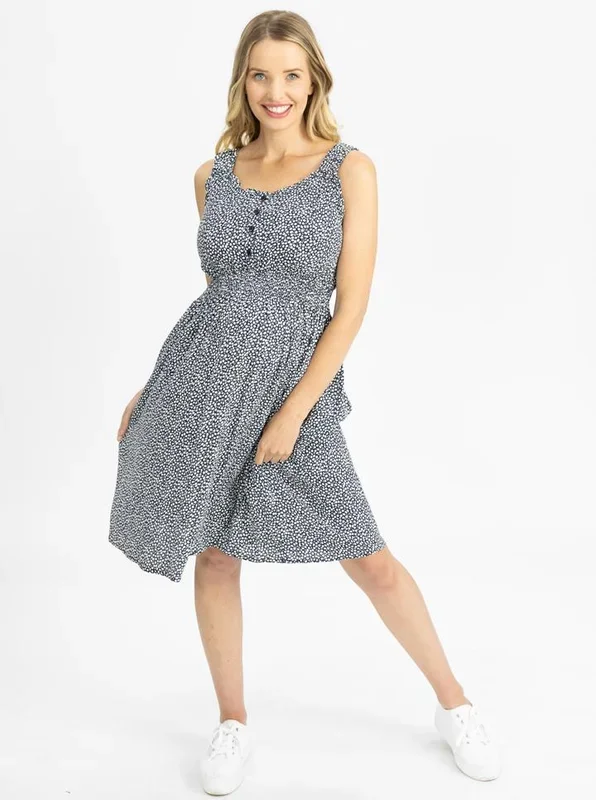 Maternity Summer Rayon Nursing Dress in Navy white pattern