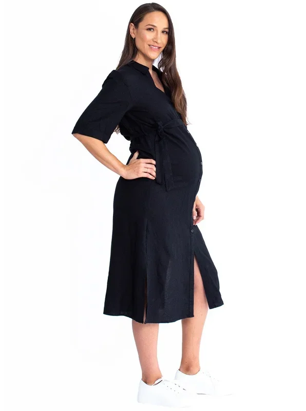 Maternity Tie Waist Linen Midi Dress – Black