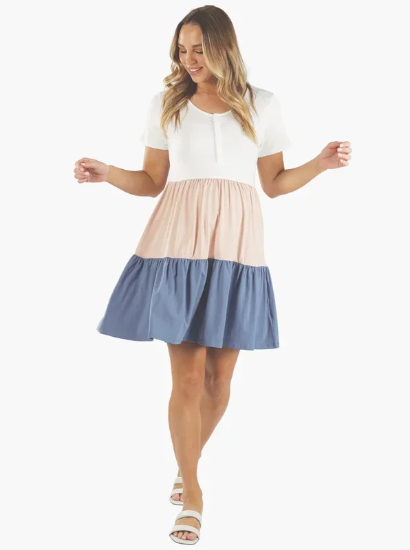 Maternity Tiered Sun Dress in Multi Colors – White, Pink & Blue