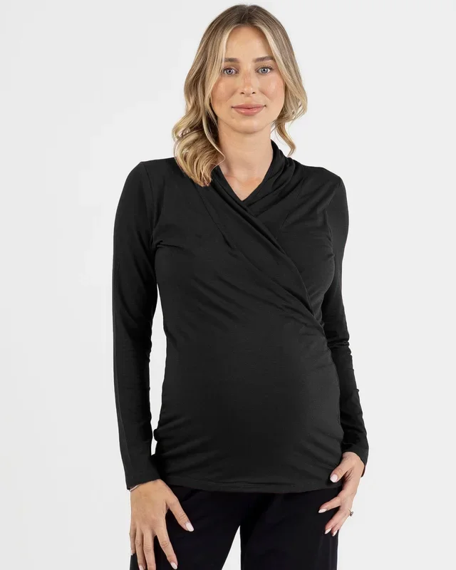 Maternity V-Neck Crossover Bamboo Long Sleeve Top in Black