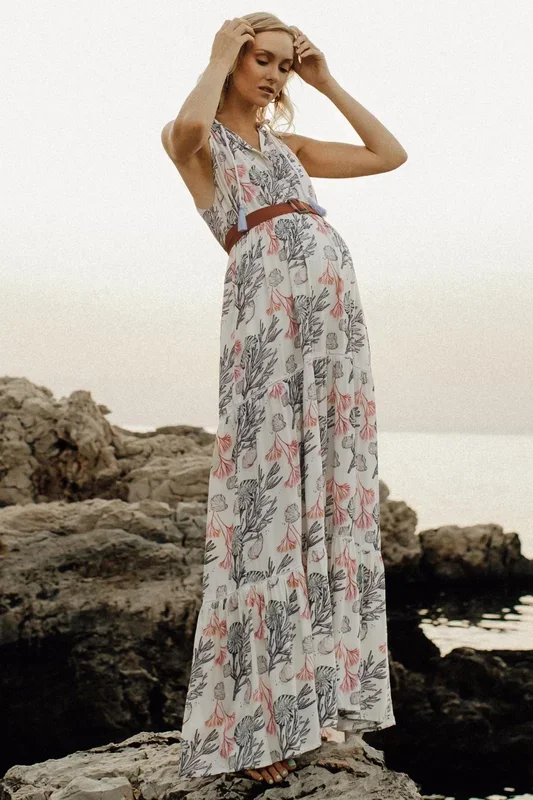 Maxi maternity and nursing dress with coral print