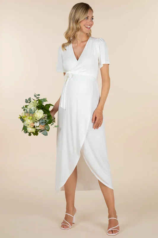 Midi maternity and nursing wedding dress in a wrap style