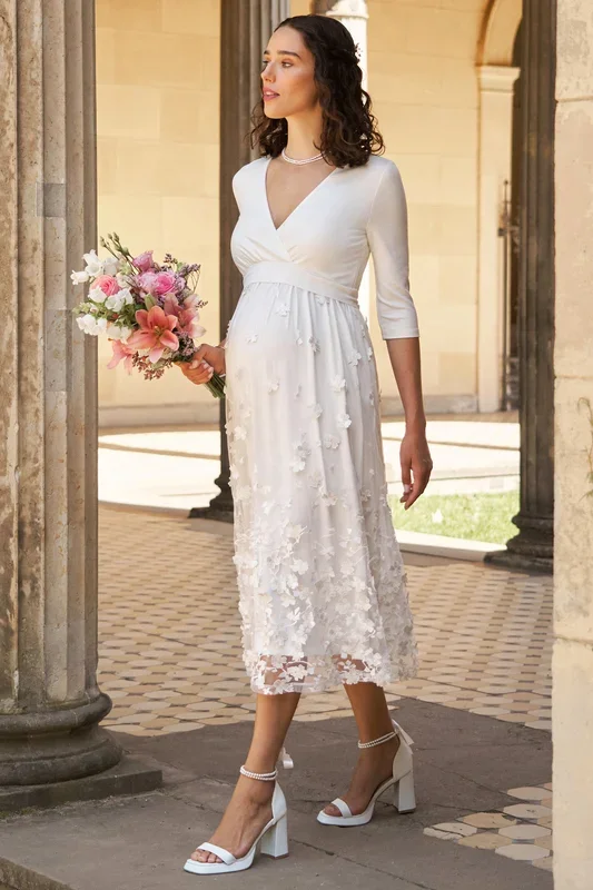 Midi Umstandsbrautkleid mit bestickter Spitze