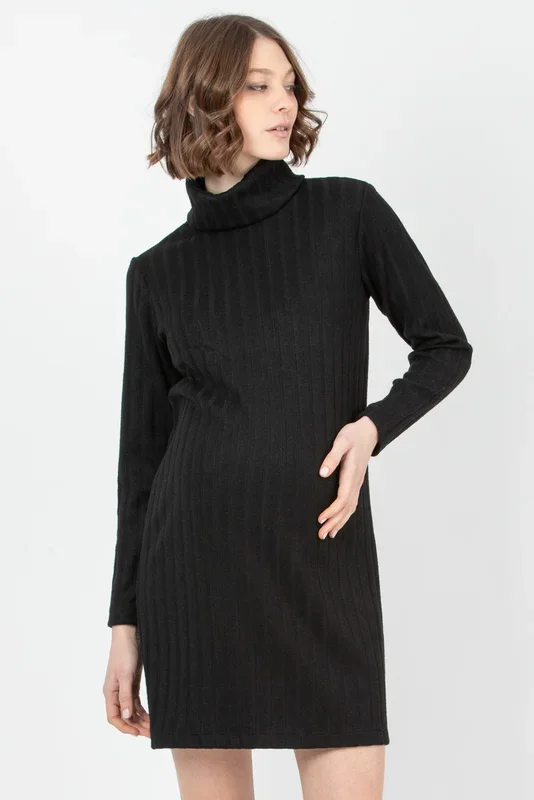Mini maternity knit dress with roll neck, black