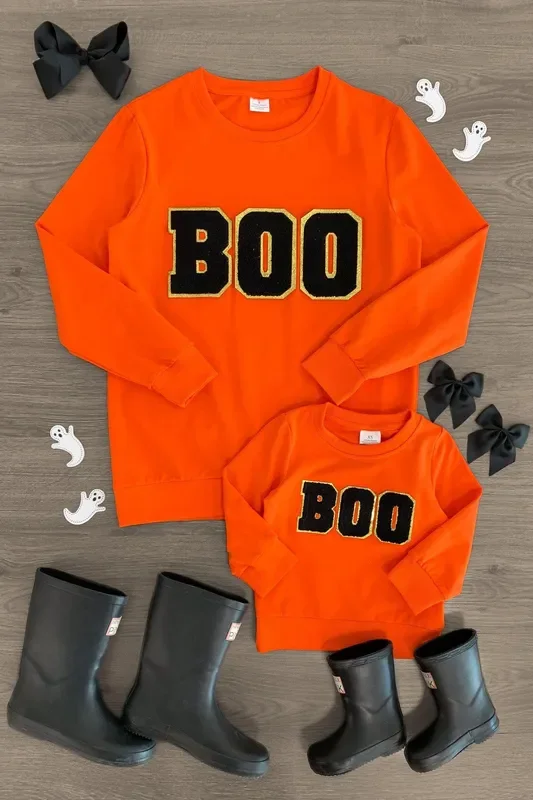 Mom & Me – “Boo ” Orange Chenille Patch Top