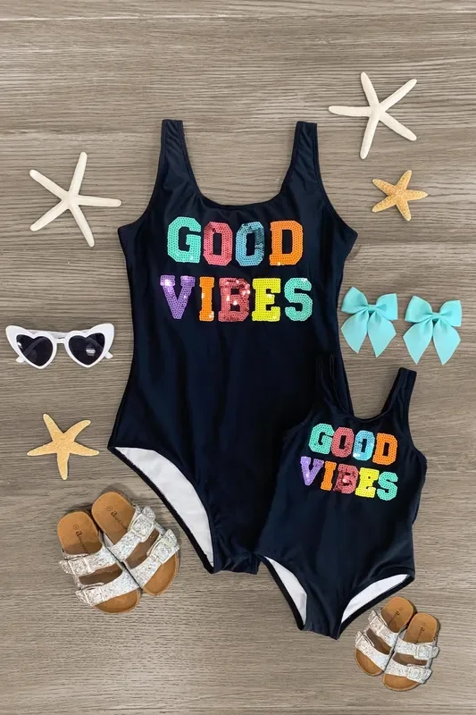 Mom & Me – “Good Vibes ” Black Sequin Swimsuit