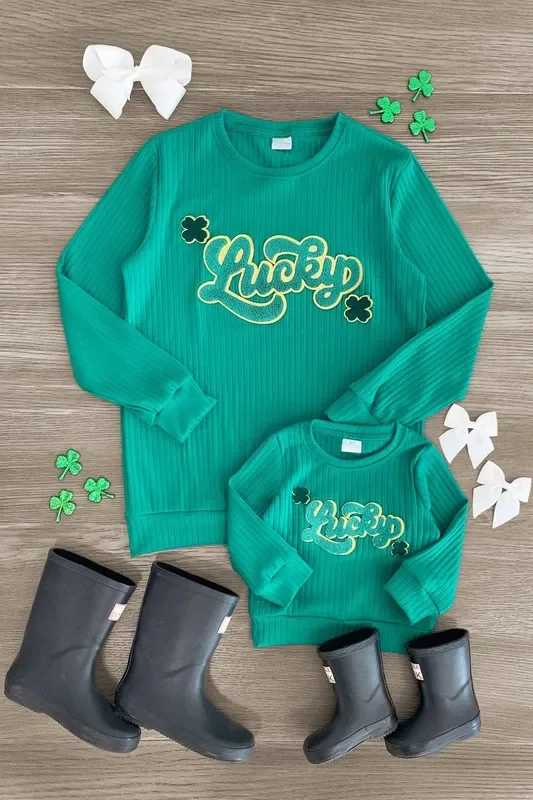 Mom & Me – “Lucky ” Green Chenille Patch Top