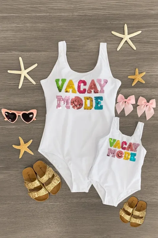 Mom & Me – “Vacay Mode ” White Sequin Swimsuit