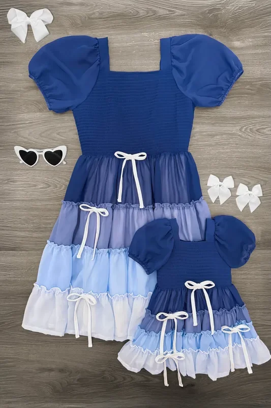 Mom & Me – Blue Ruffle Bow Dress