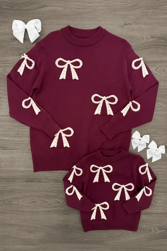 Mom & Me – Burgundy Pearl Bow Sweater
