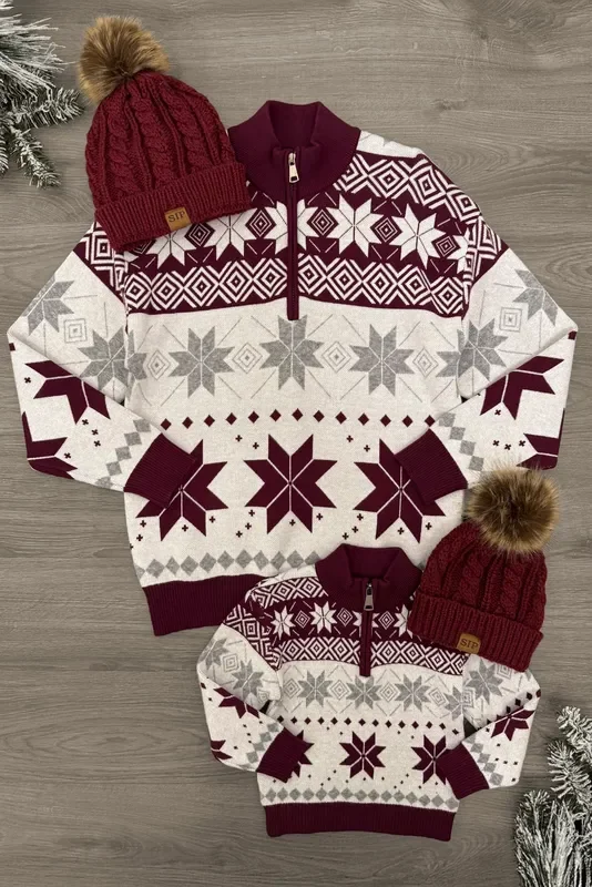 Mom & Me – Gray & Burgundy Nordic Sweater