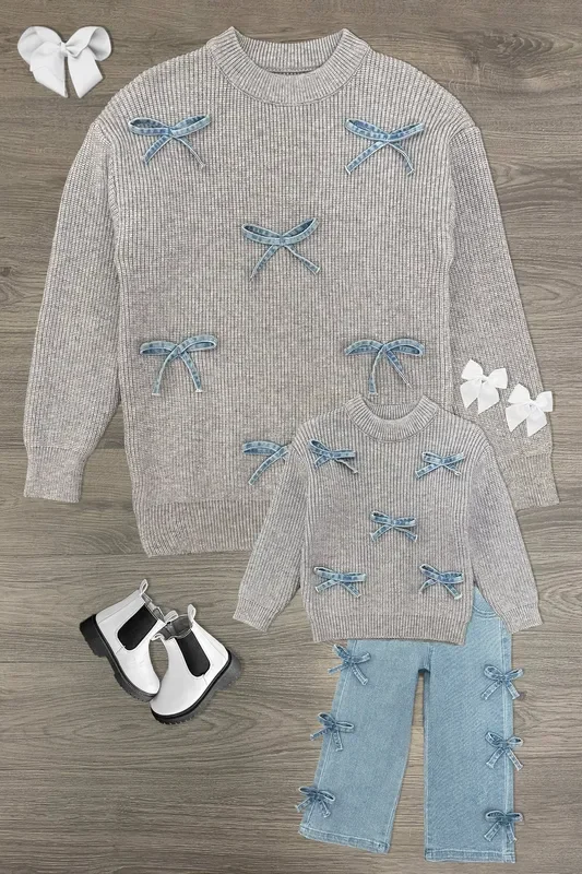 Mom & Me – Gray Bow Knit Sweater & Denim Pant Set