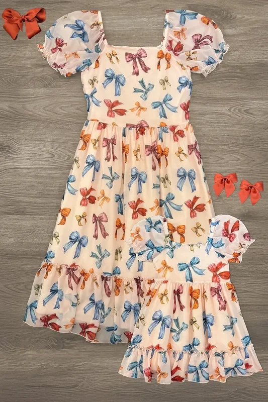 Mom & Me – Peachy Pink Bow Dress