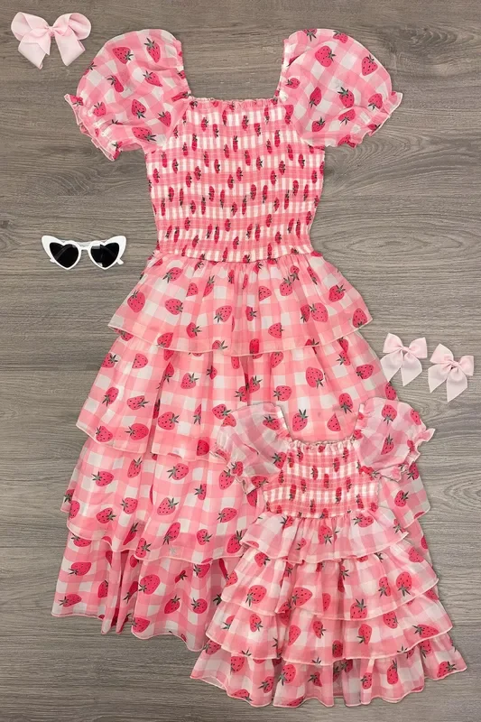 Mom & Me – Pink Gingham Strawberry Dress