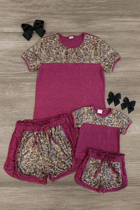 Mom & Me – Plum Leopard Sequin Lounge Short Set