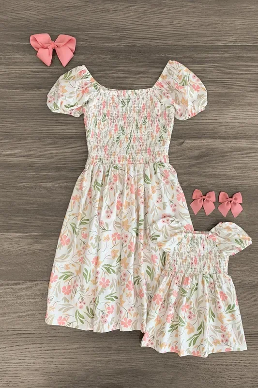 Mom & Me – White Smocked Floral Dress