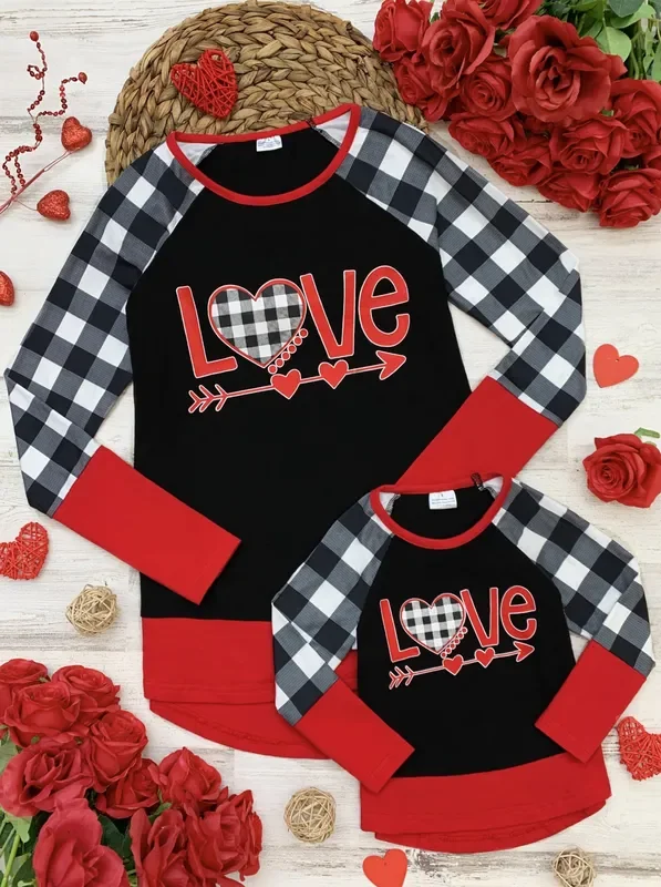 Mommy and Me Cupid’s Love Plaid Raglan Tunic